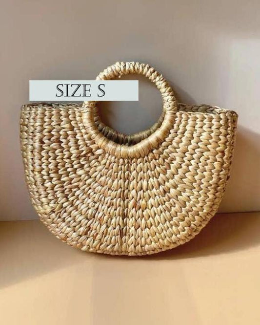 Semi-Circle Market Bag - Handmade Boho Water Hyacinth Tote Spring Shopper - Natural