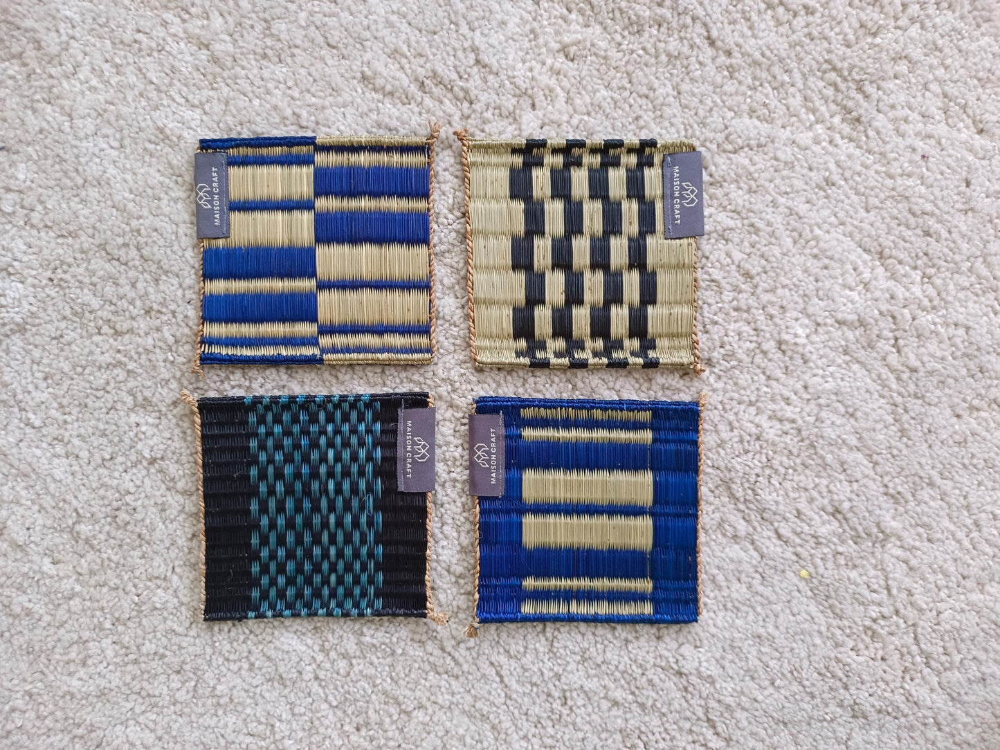 Wholesale set of 10/ 40 Navy white Handwoven Handmade Sedge Coaster 4"x4"- Stripe Tones Gift Set