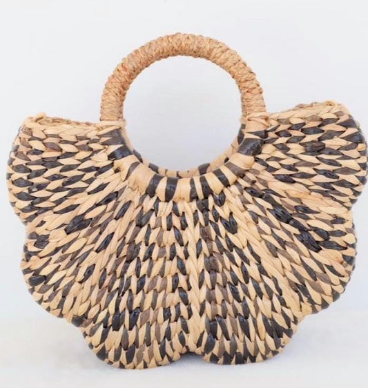 Wholesale 1/ 3 PCS Water Hyacinth Flower scallop Shape Handbag - Small, Black & Natural