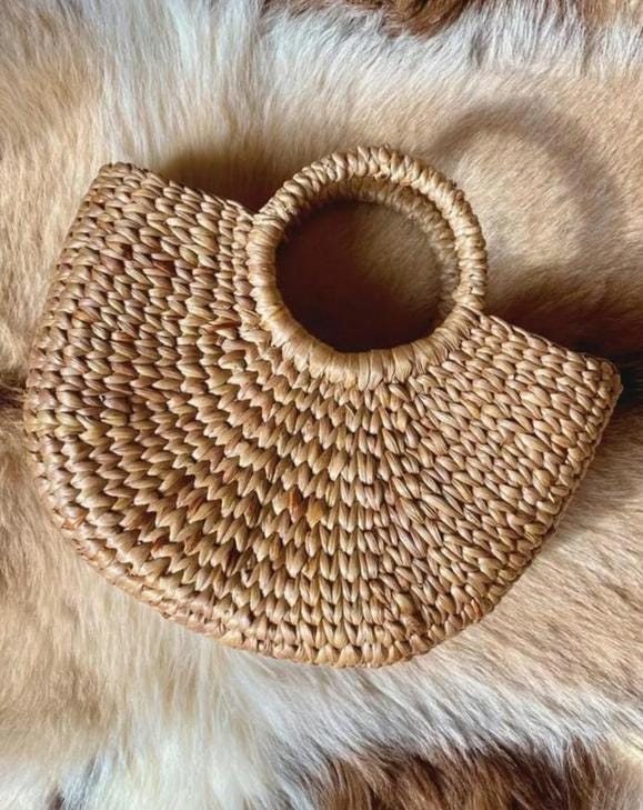 Semi-Circle Market Bag - Handmade Boho Water Hyacinth Tote Spring Shopper - Natural