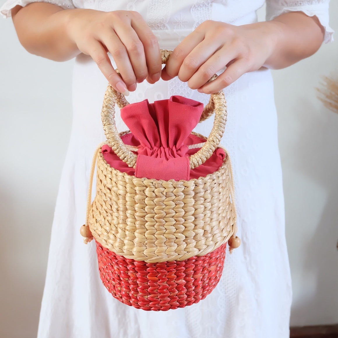 L Project-Bucket handbag water hyacinth-Red