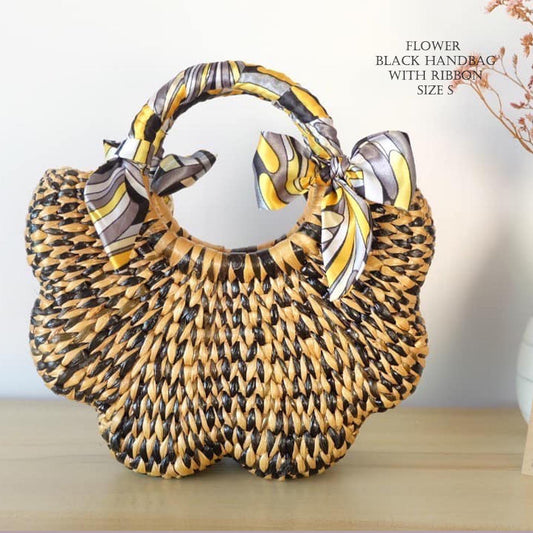 Wholesale 1/ 3 PCS Water Hyacinth Flower scallop Shape Handbag - Small, Black & Natural